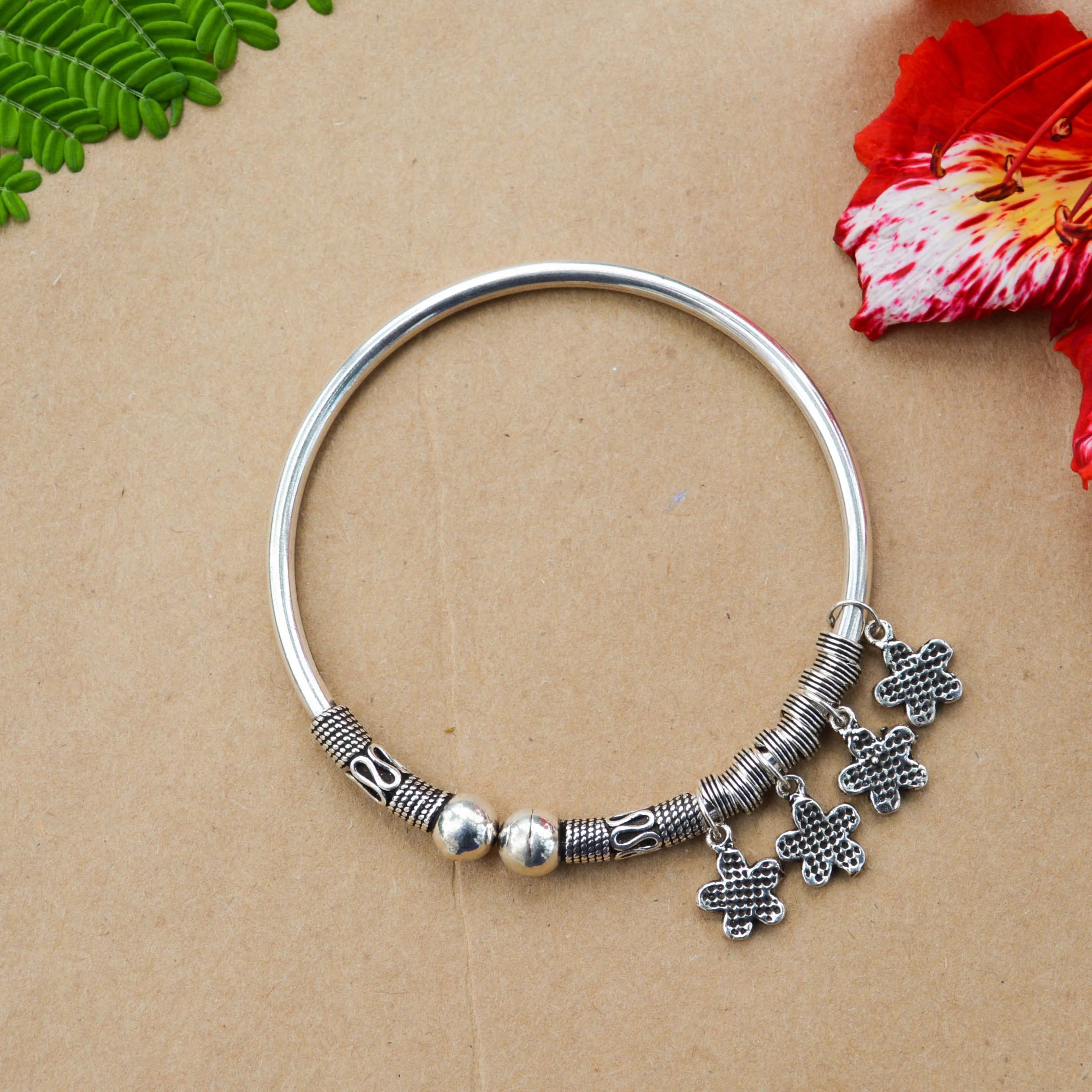 Ornate Flora Silver Bangle
