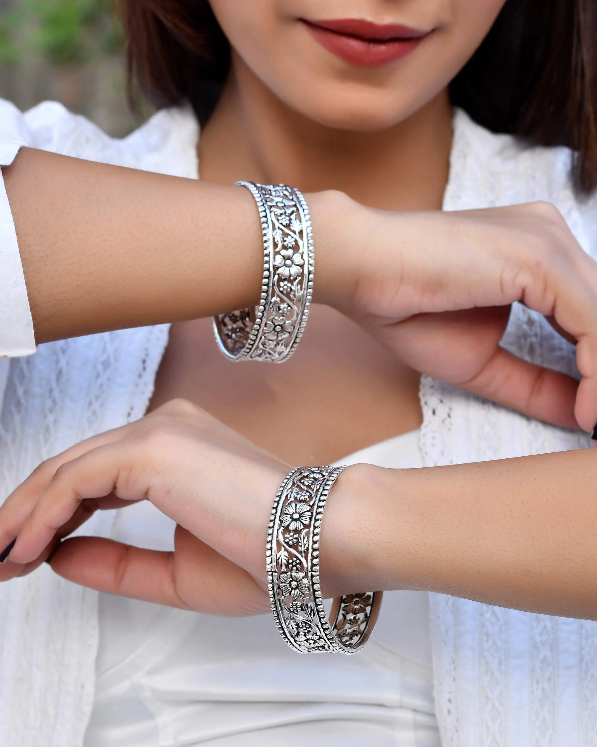 Pushkara Floral Glory Silver Bangle