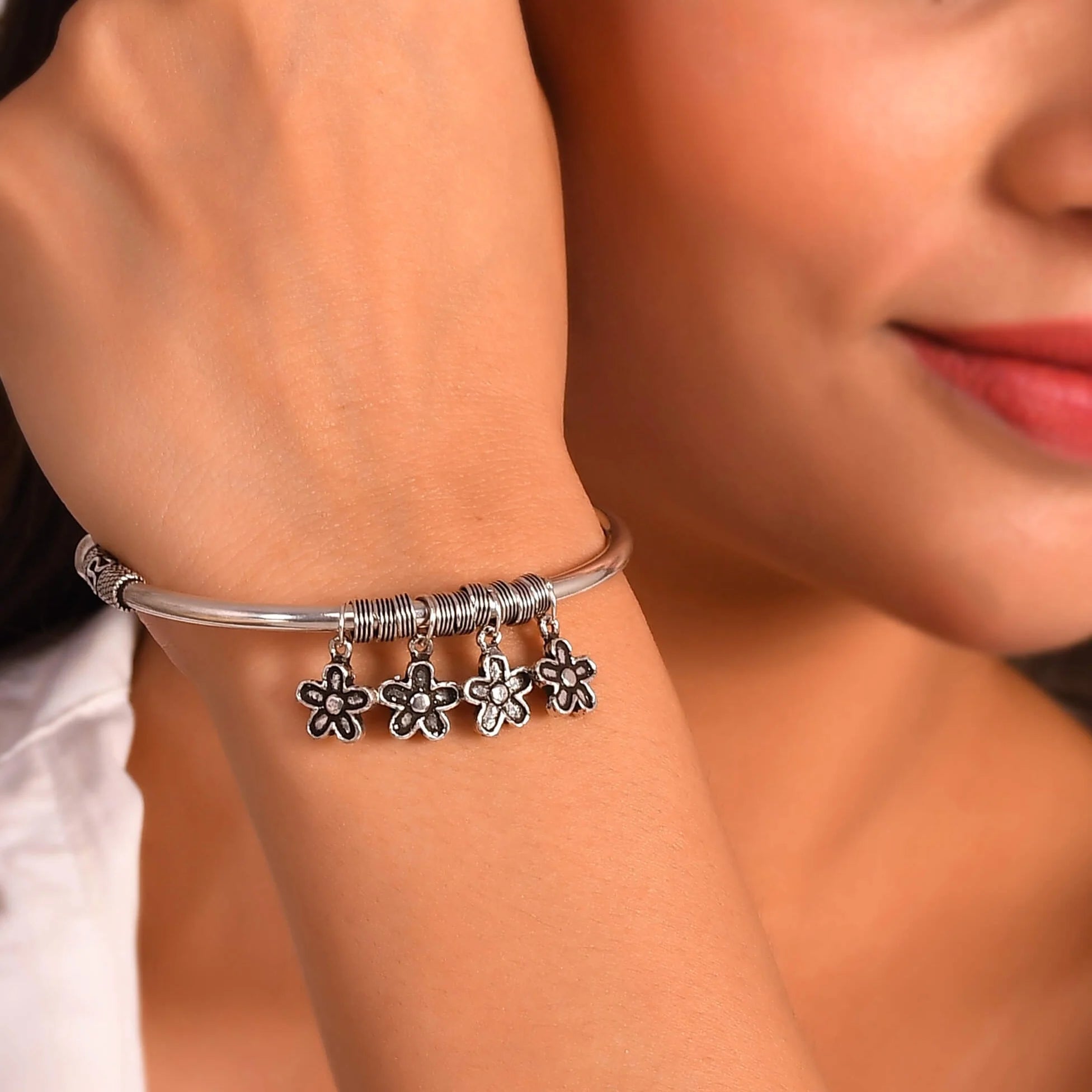 Ornate Flora Silver Bangle