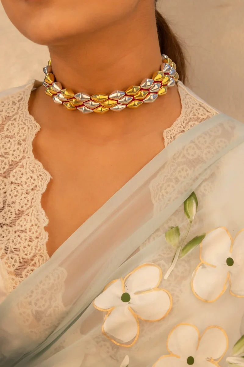 Kumudini Gold-Silver Braided Handcrafted Choker