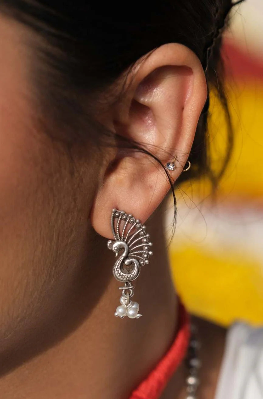 Peacock Grace Pearl Silver Studs