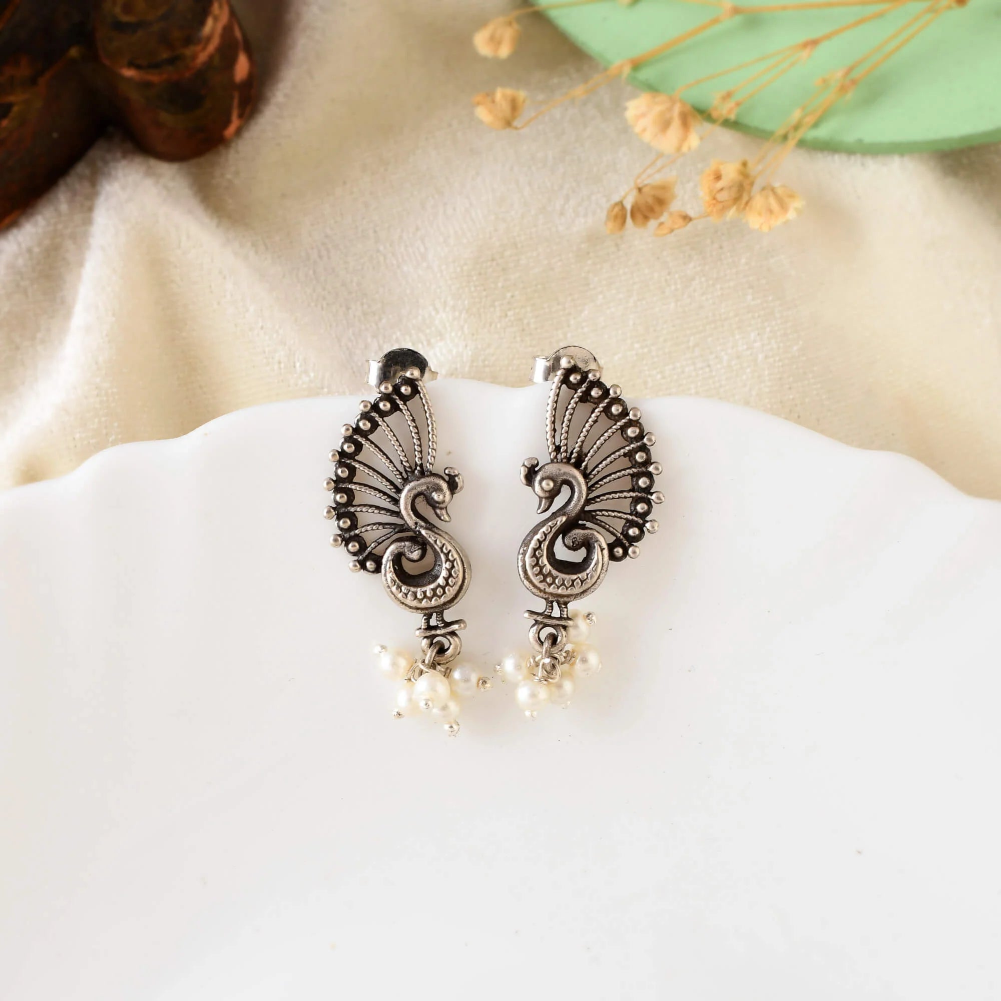 Peacock Grace Pearl Silver Studs